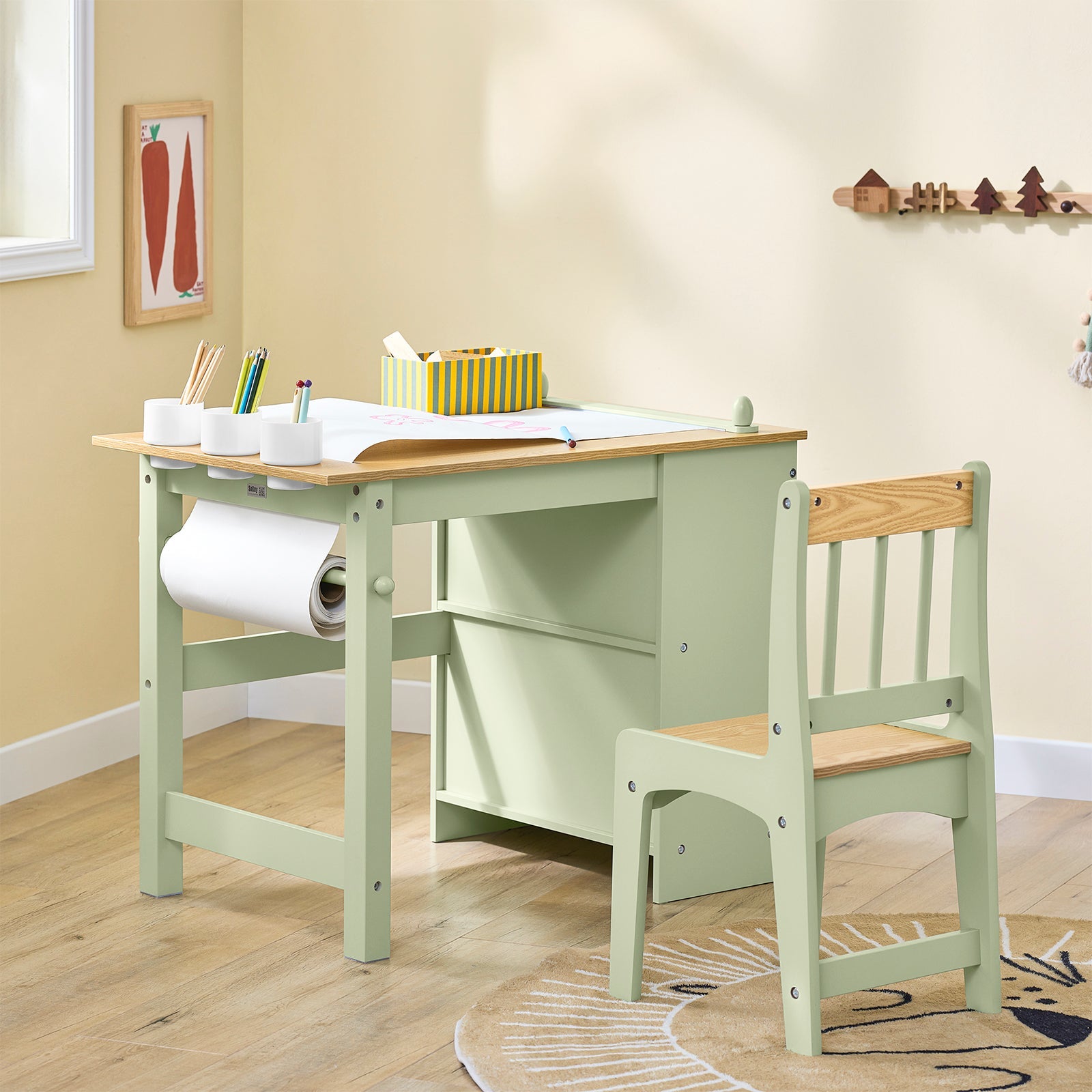 SoBuy | Table enfant avec 1 chaise | Ensemble table et chaise pour enfants | avec 1 porte-rouleau de papier | Table de dessin pour enfants | Vert | KMB60-GR