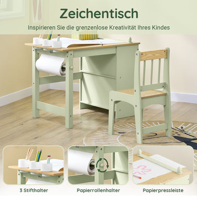 SoBuy | Table enfant avec 1 chaise | Ensemble de sièges enfant | Avec 1 porte-rouleau de papier | Table à dessin enfant | Vert | KMB60-GR