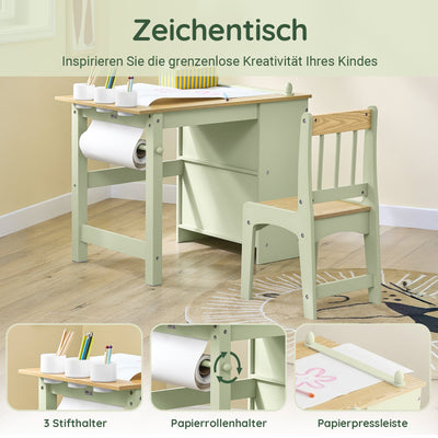SoBuy | Table enfant avec 1 chaise | Ensemble table et chaise pour enfants | avec 1 porte-rouleau de papier | Table de dessin pour enfants | Vert | KMB60-GR