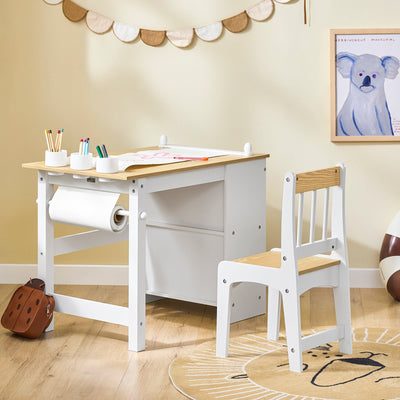 SoBuy | Table et 1 chaise pour enfant | Ensemble de meubles pour enfants | Table d'activités pour enfants | Blanc et Naturel | KMB60-WN
