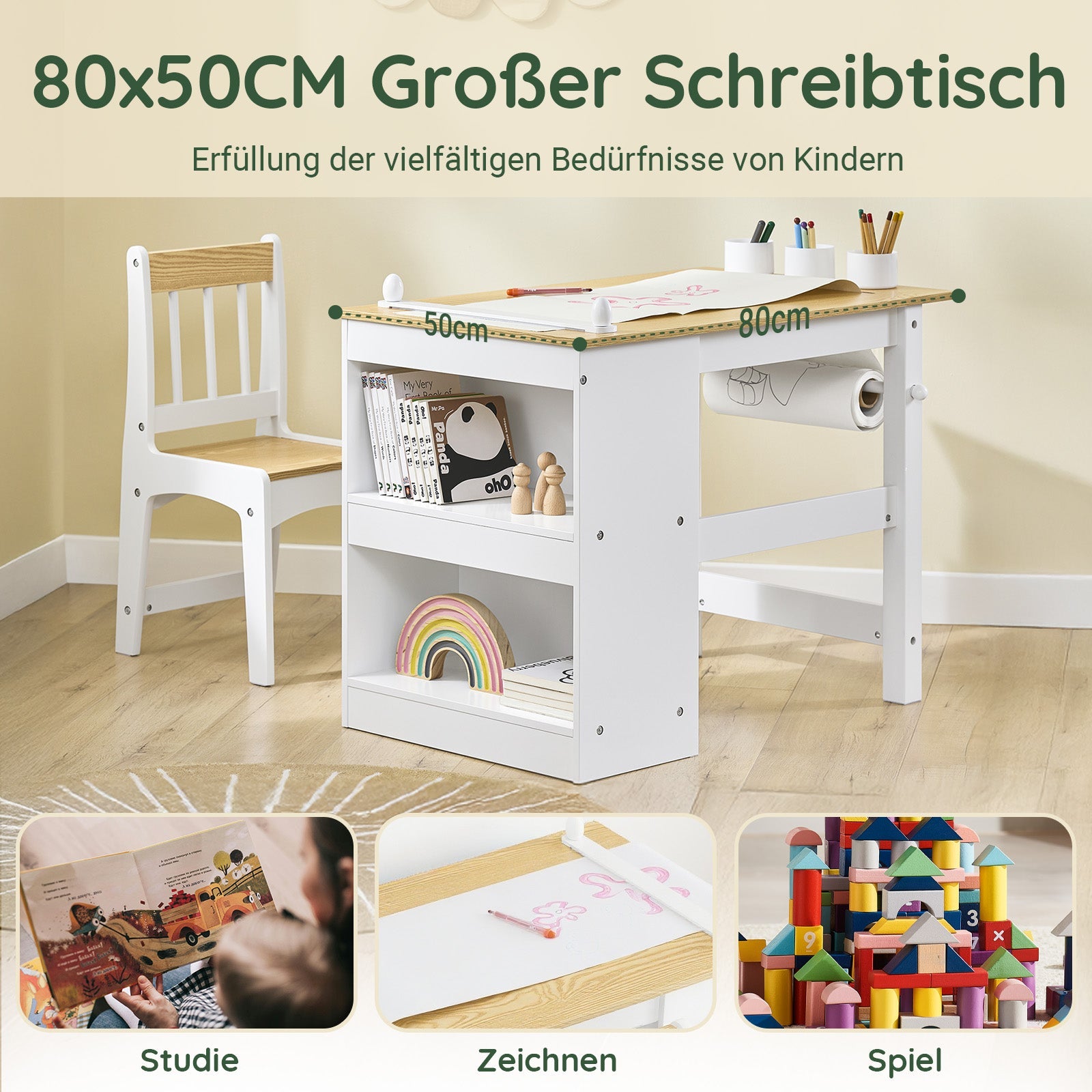 SoBuy | Table et 1 chaise pour enfant | Ensemble de meubles pour enfants | Table d'activités pour enfants | Blanc et Naturel | KMB60-WN