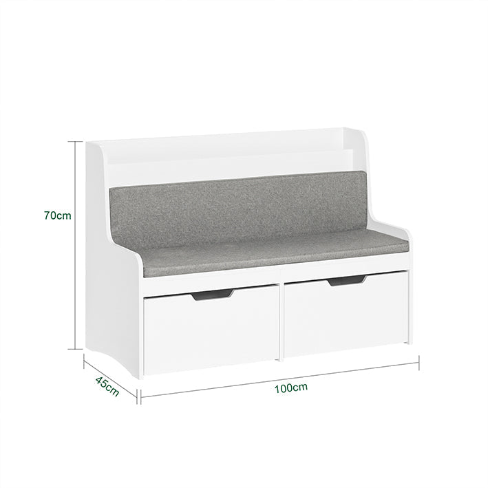 SoBuy | Panchina per bambini con libreria e cuscino | Cassapanca portagiochi | Contenitore con rotelle | Bianco | KMB66-W