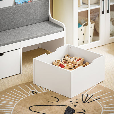 SoBuy | Banc pour enfants avec étagère à livres et coussin d'assise | Coffre à jouets | Boîte de rangement à roulettes | Blanc | KMB66-W