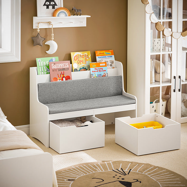 SoBuy | Panchina per bambini con libreria e cuscino | Cassapanca portagiochi | Contenitore con rotelle | Bianco | KMB66-W