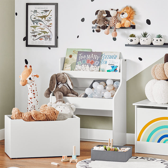 SoBuy | Scaffale per bambini con 2 contenitori in tessuto | Libreria | Contenitore giocattoli con ruote | KMB71-W