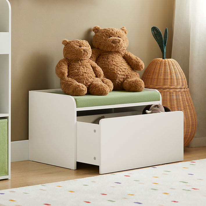 SoBuy | Cassapanca portagiochi | Panchina con cuscino | Contenitore per giocattoli per bambini | Verde Bianco | KMB80-W