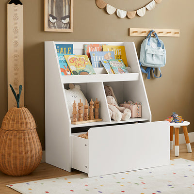 Prévente | SoBuy | Étagère enfant avec 1 coffre à jouets | Bibliothèque | Meuble de rangement enfant | KMB83-W