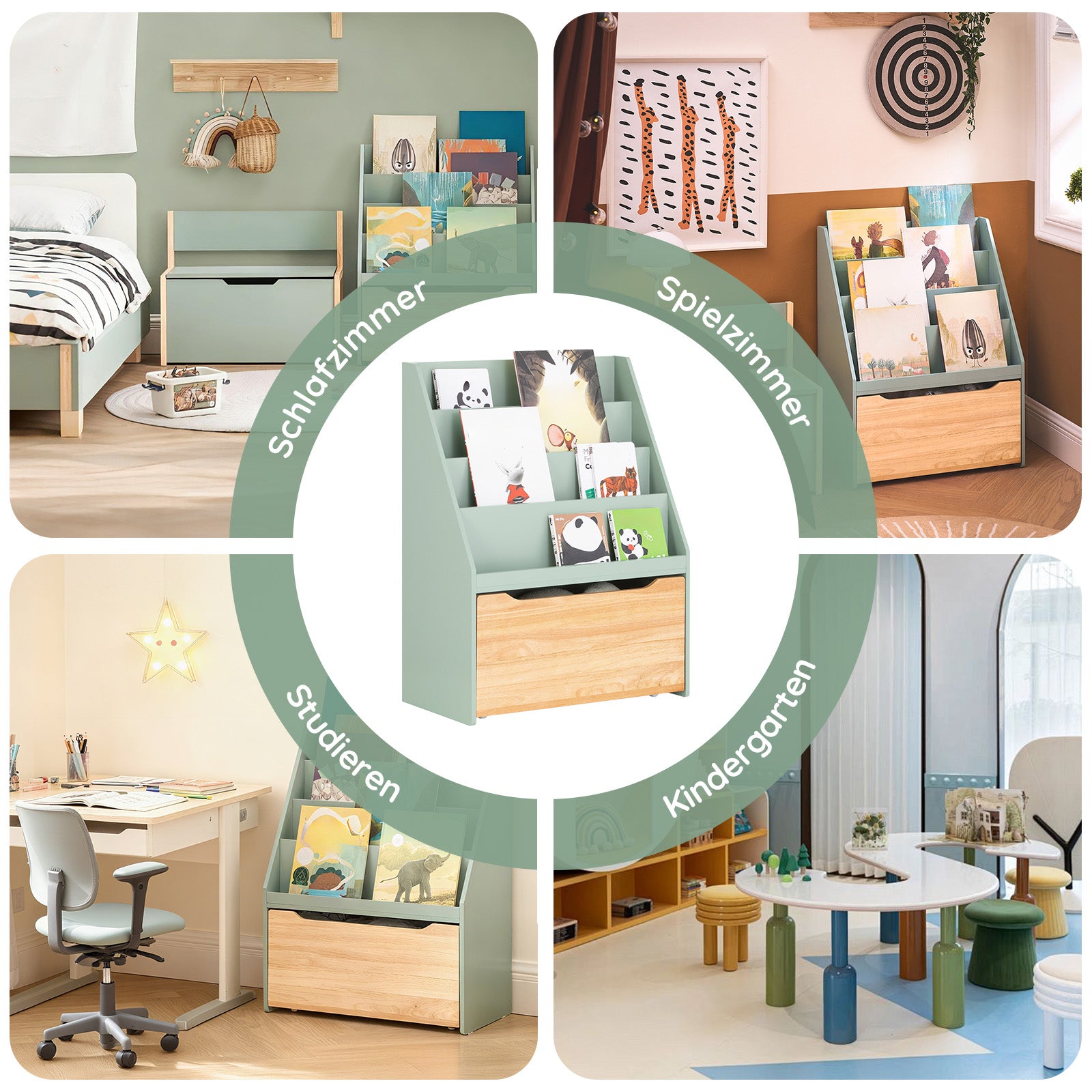 SoBuy | Kinder Bücherregal | Spielzeugtruhe | Aufbewahrungsregal Kinderzimmer | Grün-Natur| KMB95-GR