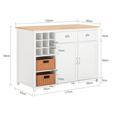 SoBuy | Îlot de cuisine avec 2 paniers en rotin | Meuble de cuisine | Buffet | Commode | Buffet | KNL05-W 