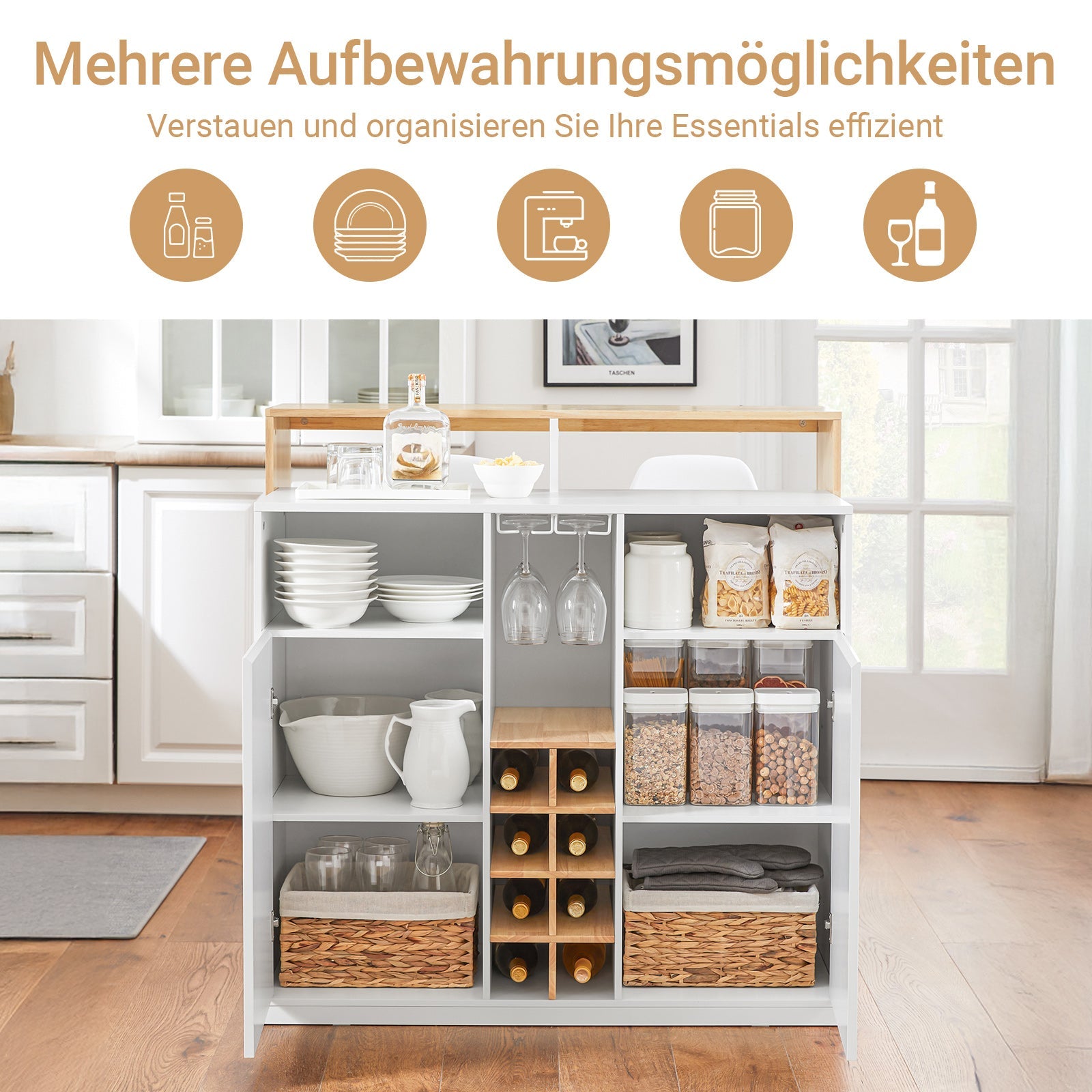 SoBuy | Isola da cucina | Credenza da cucina | Madia | Tavolo da bar | Tavolo da pranzo | Bianco-Natura | KNL07-WN