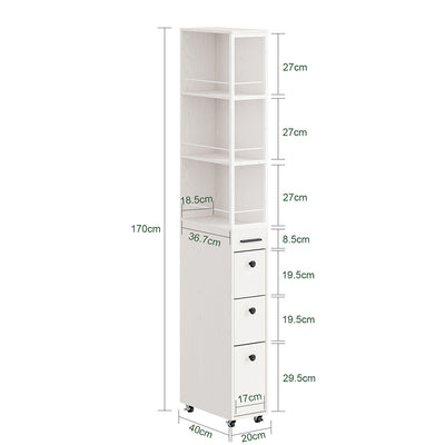 SoBuy Schmaler Schrank mit 4 Schubladen Creme Weiß Rollen 3 offene Böden 40x20x170 cm NSR13-WG