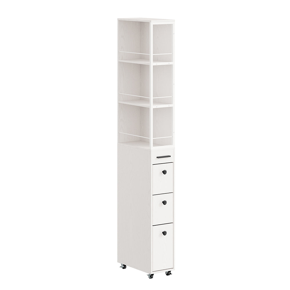 SoBuy Schmaler Schrank mit 4 Schubladen Creme Weiß Rollen 3 offene Böden 40x20x170 cm NSR13-WG