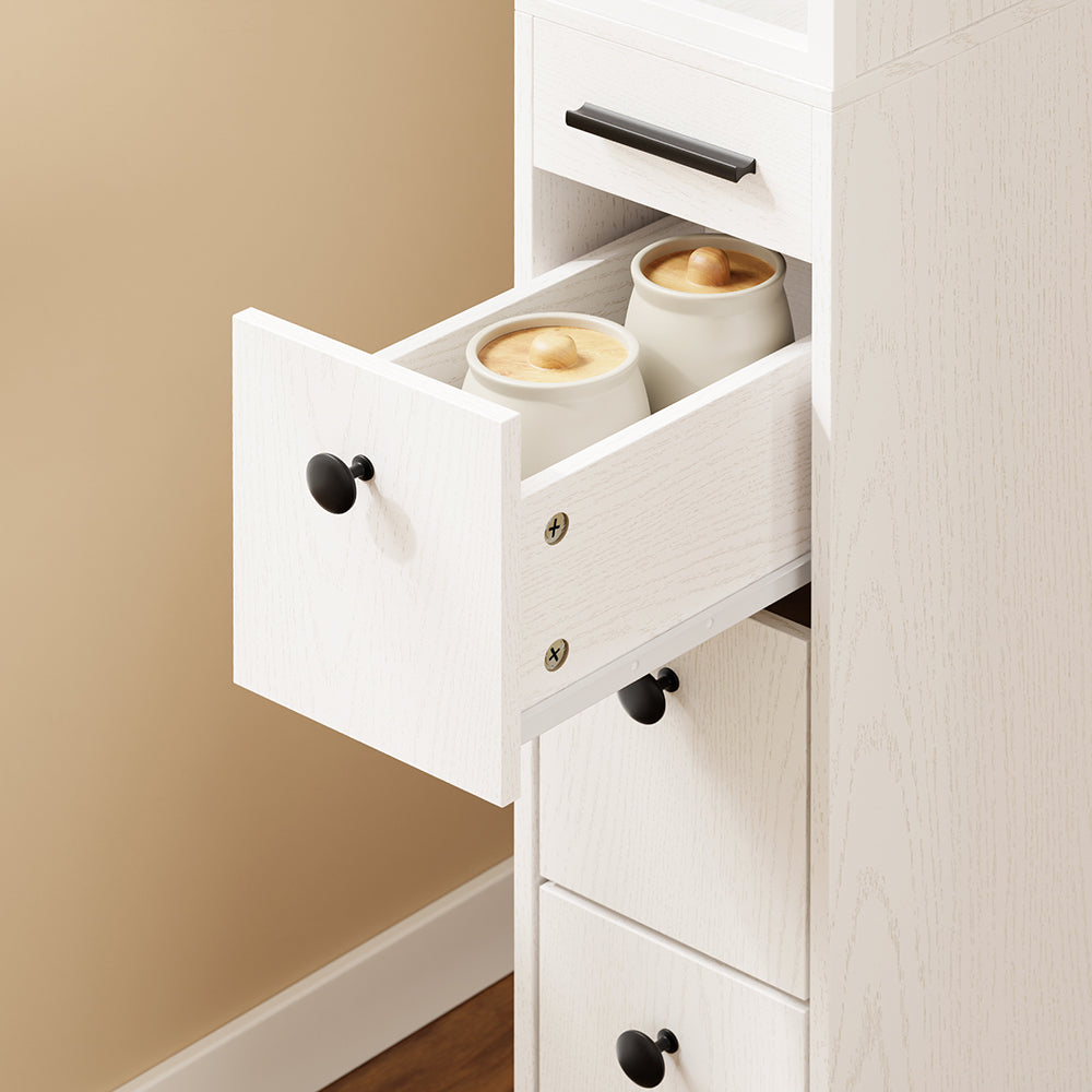 SoBuy Schmaler Schrank mit 4 Schubladen Creme Weiß Rollen 3 offene Böden 40x20x170 cm NSR13-WG