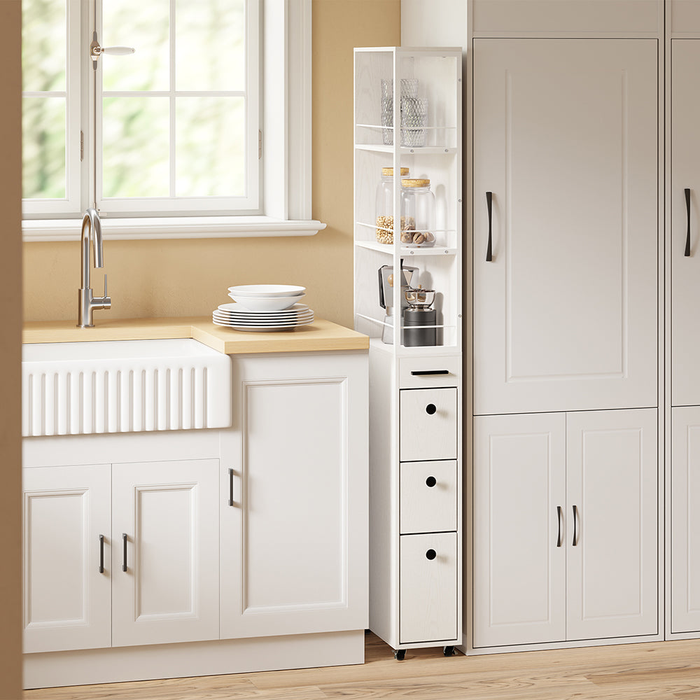 SoBuy Schmaler Schrank mit 4 Schubladen Creme Weiß Rollen 3 offene Böden 40x20x170 cm NSR13-WG