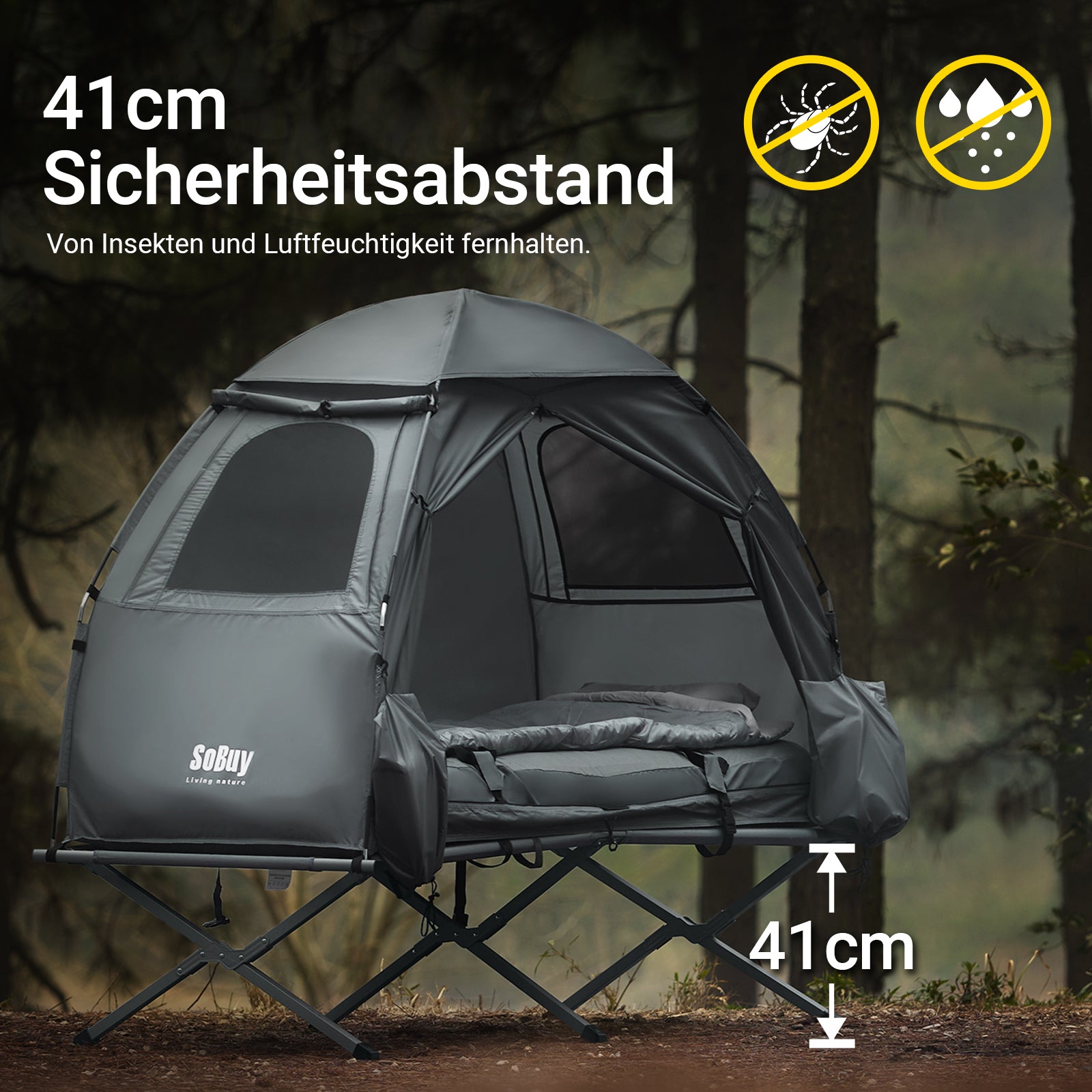 SoBuy | 7in1 Zelt Campingzelt | 1 Person | Outdoor | Feldbett | Hellgrau | 193x160x86cm | OGS32-HG