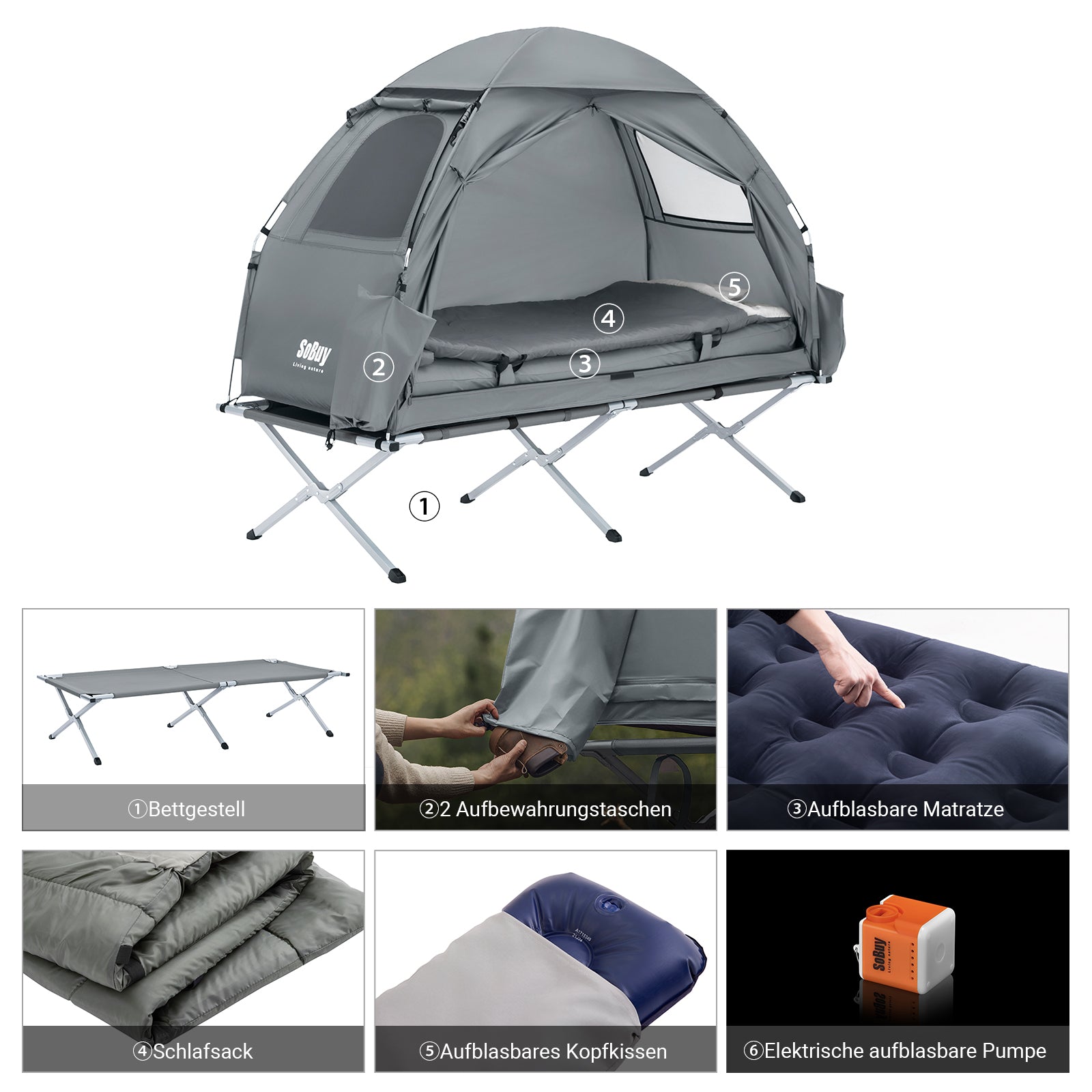 SoBuy | Tenda da campeggio 7 in 1 | 1 persona | Esterno | Brandina | Grigio chiaro | 193x160x86cm | OGS32-HG