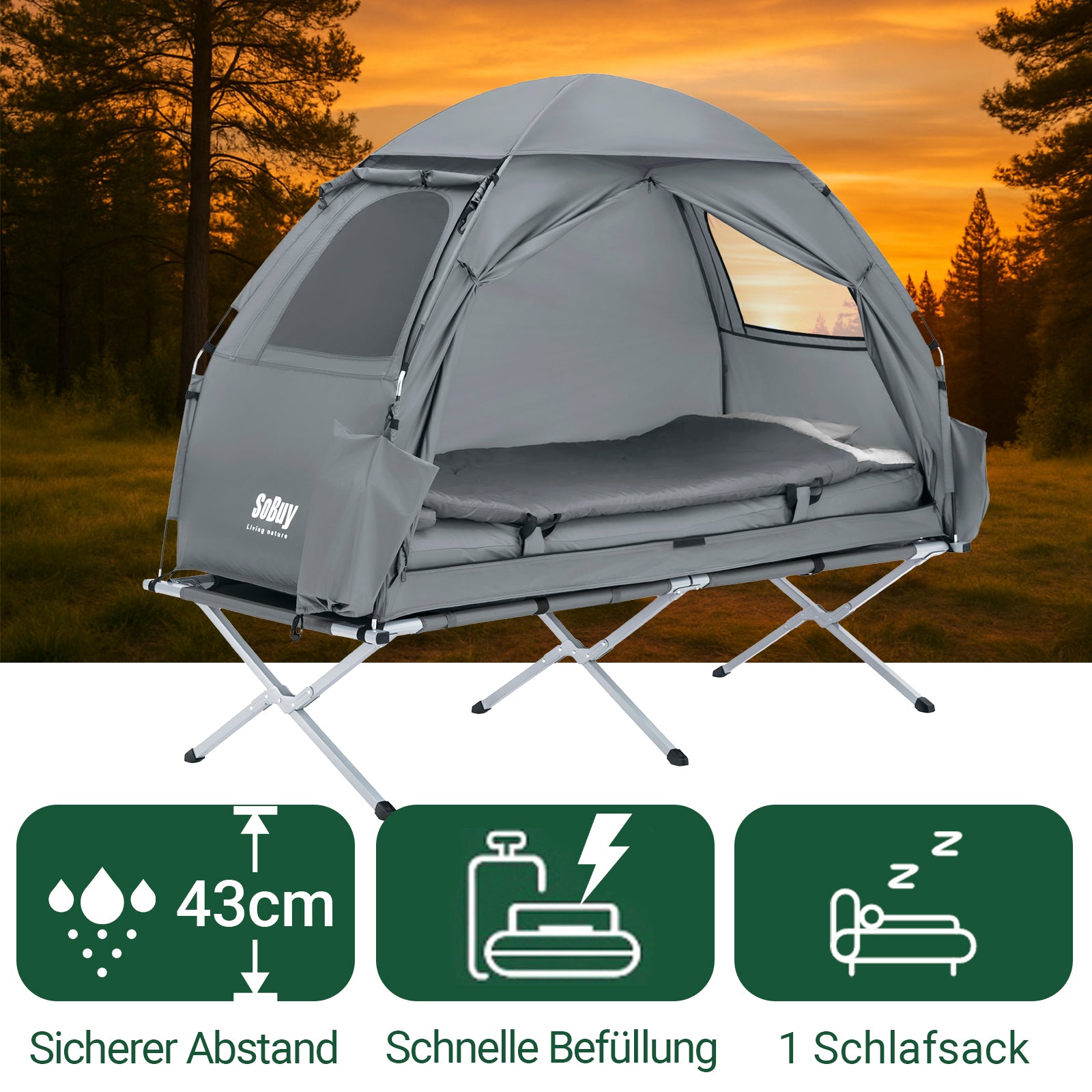 SoBuy | 7in1 Zelt Campingzelt | 1 Person | Outdoor | Feldbett | Hellgrau | 193x160x86cm | OGS32-HG