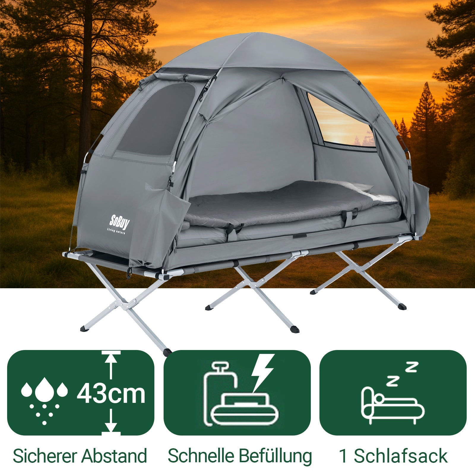 SoBuy | Tenda da campeggio 7 in 1 | 1 persona | Esterno | Brandina | Grigio chiaro | 193x160x86cm | OGS32-HG