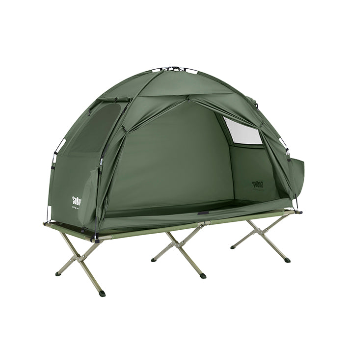 SoBuy | Tenda 3 in 1, tenda da campeggio, tenda singola, lettino da campo per esterni, verde 193x160x86cm | OGS32-II-GR