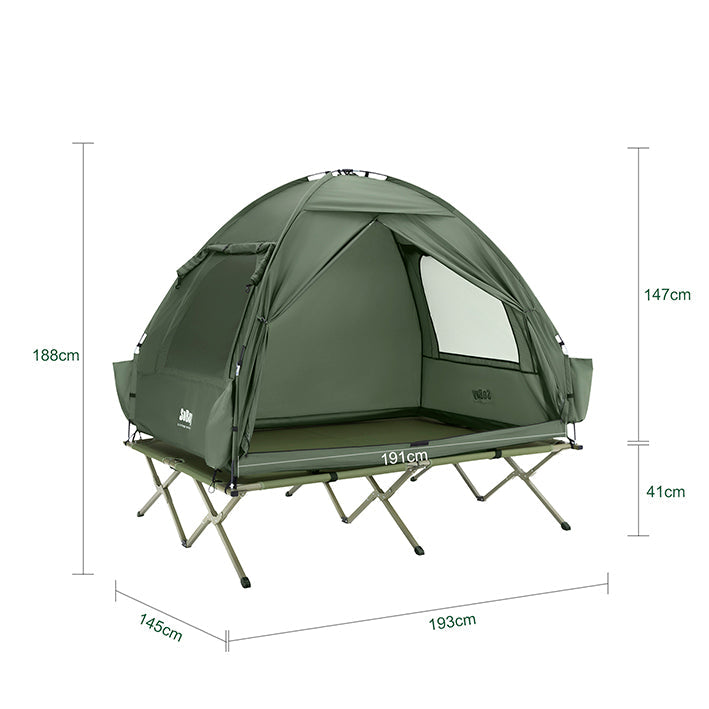 SoBuy | Tenda 3 in 1, tenda da campeggio per esterni, lettino da campo per 2 persone, verde, 193x188x145 cm | OGS32-II-L-GR