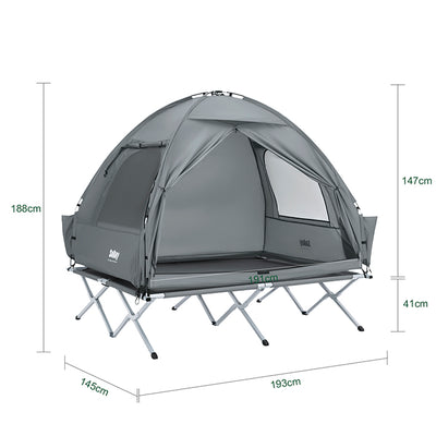 SoBuy | Tente de camping 3 en 1 avec lit de camp pour 2 personnes, grise, 193 x 188 x 145 cm | OGS32-II-L-HG 
