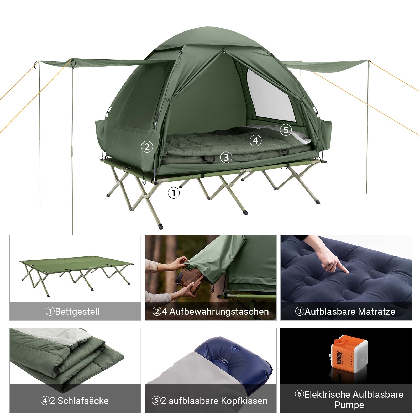 SoBuy Tenda da campeggio 7 in 1 2 posti brandina da esterno verde 193x188x145cm OGS32-L-GR