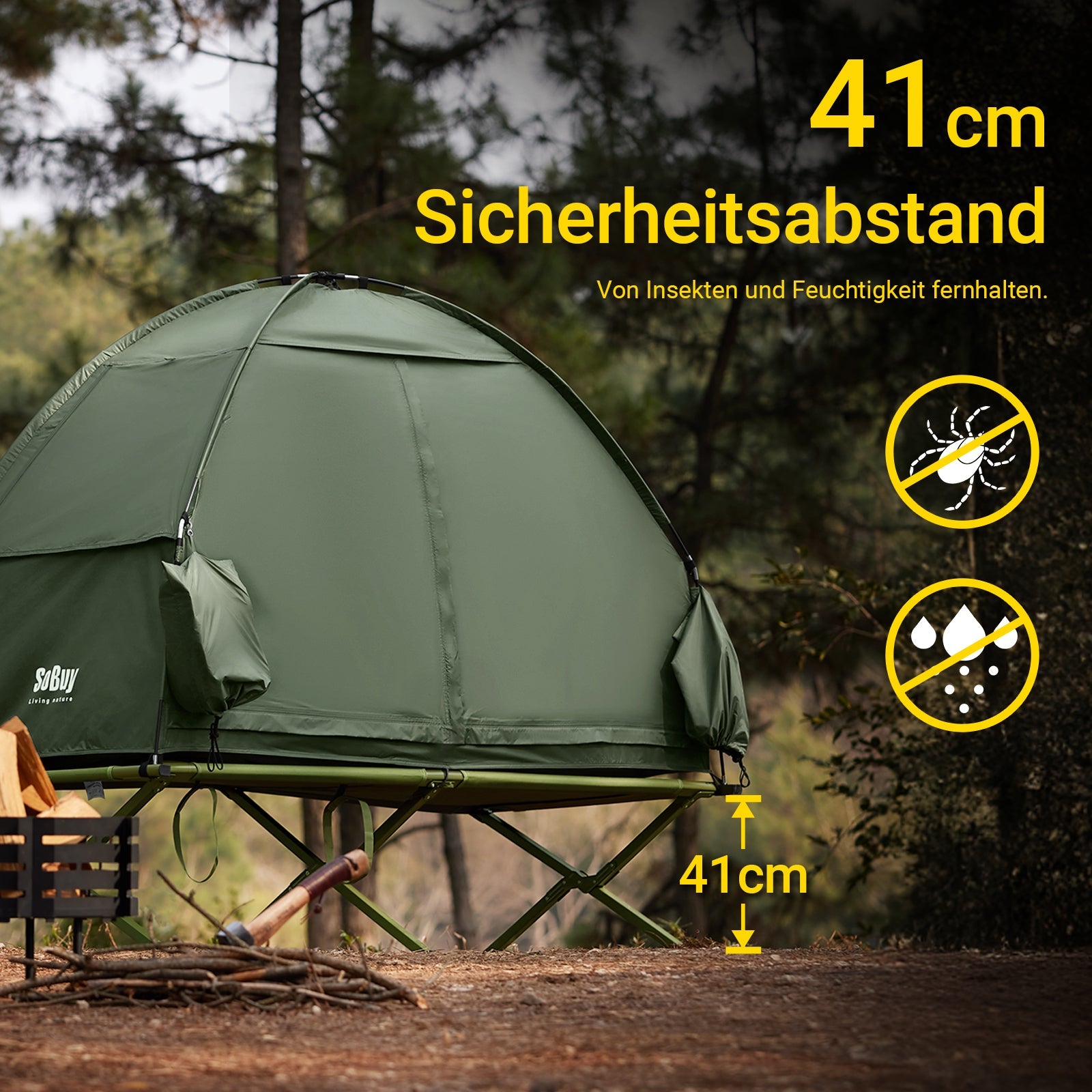 SoBuy | Tenda 3 in 1, tenda da campeggio, tenda singola, lettino da campo per esterni, verde 193x160x86cm | OGS32-II-GR