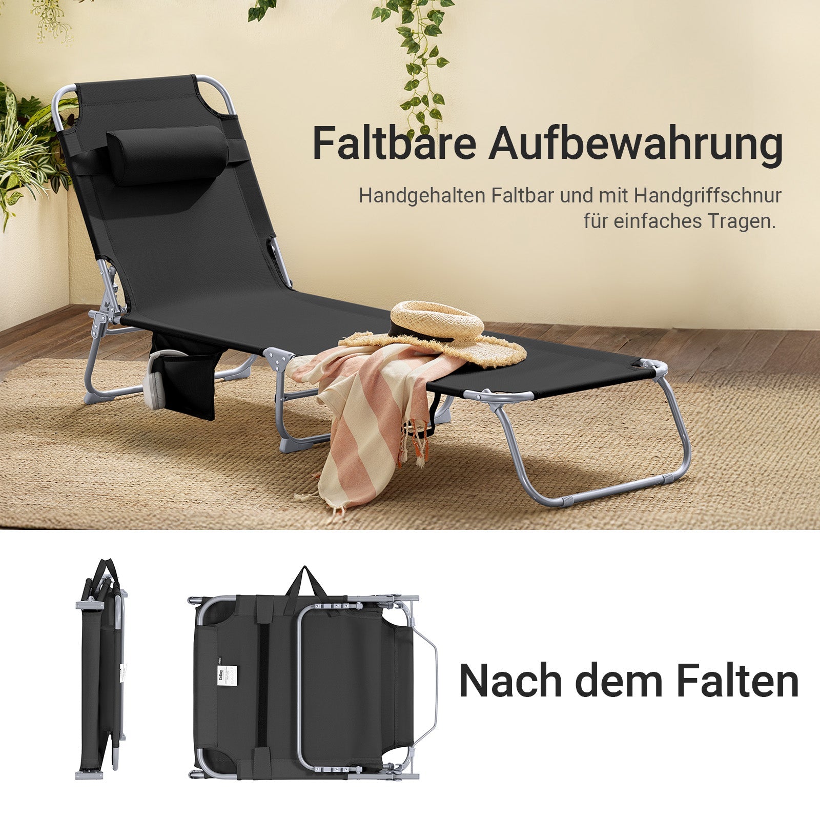SoBuy | Gartenliege | Sonnenliege klappbar | Schwarz | OGS35-SCH