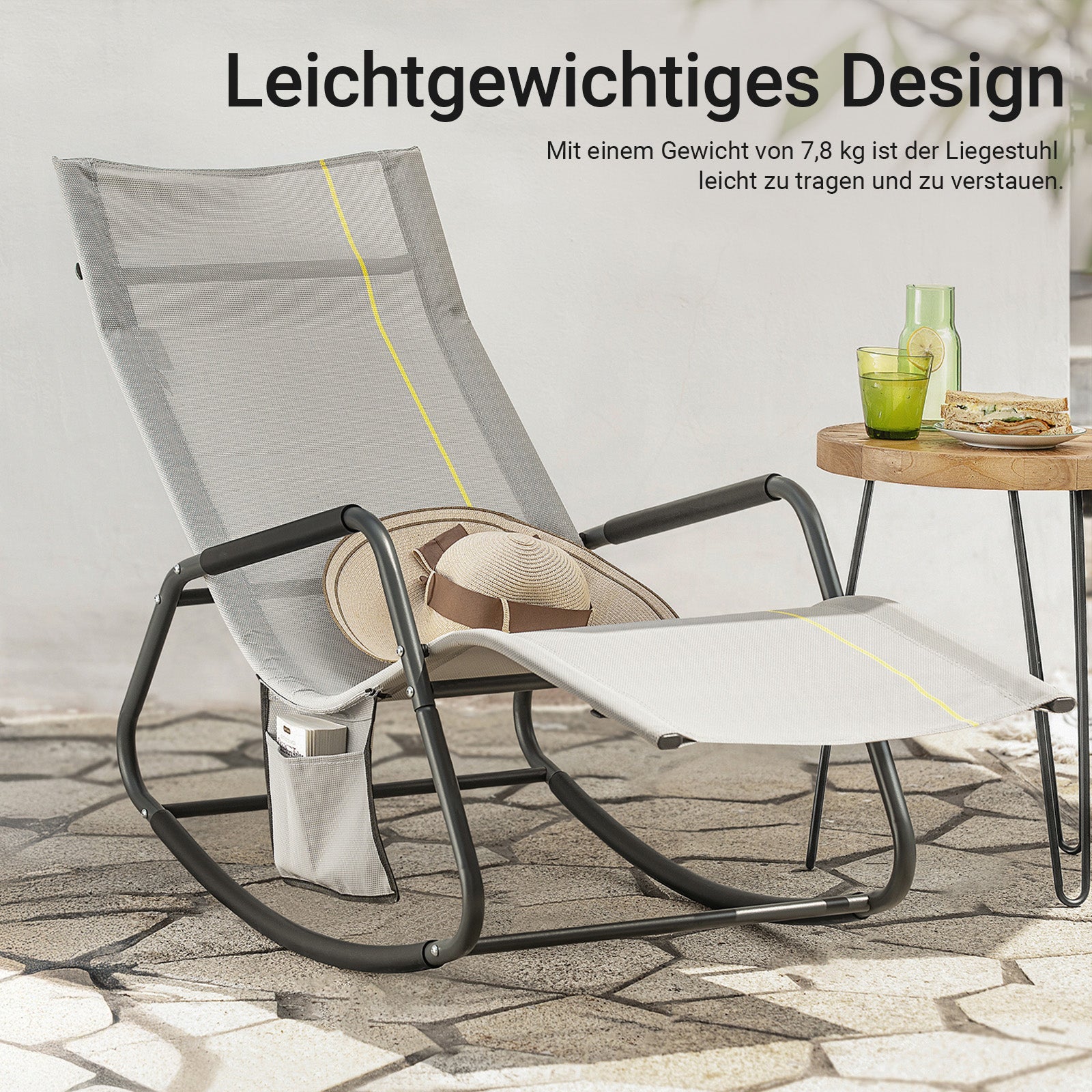SoBuy | Sedia a dondolo relax | Lettino prendisole con tasca laterale | Sedia a sdraio da giardino | Poltrona relax | Lettino oscillante | Grigio chiaro | OGS47-HG