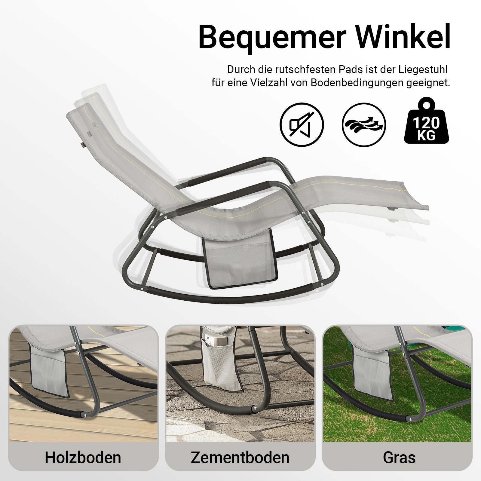SoBuy | Sedia a dondolo relax | Lettino prendisole con tasca laterale | Sedia a sdraio da giardino | Poltrona relax | Lettino oscillante | Grigio chiaro | OGS47-HG