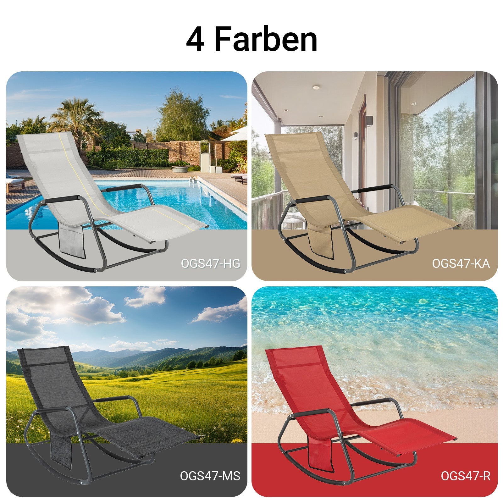 SoBuy | Sedia a dondolo relax | Lettino prendisole con tasca laterale | Sedia a sdraio da giardino | Poltrona relax | Lettino oscillante | Grigio chiaro | OGS47-HG