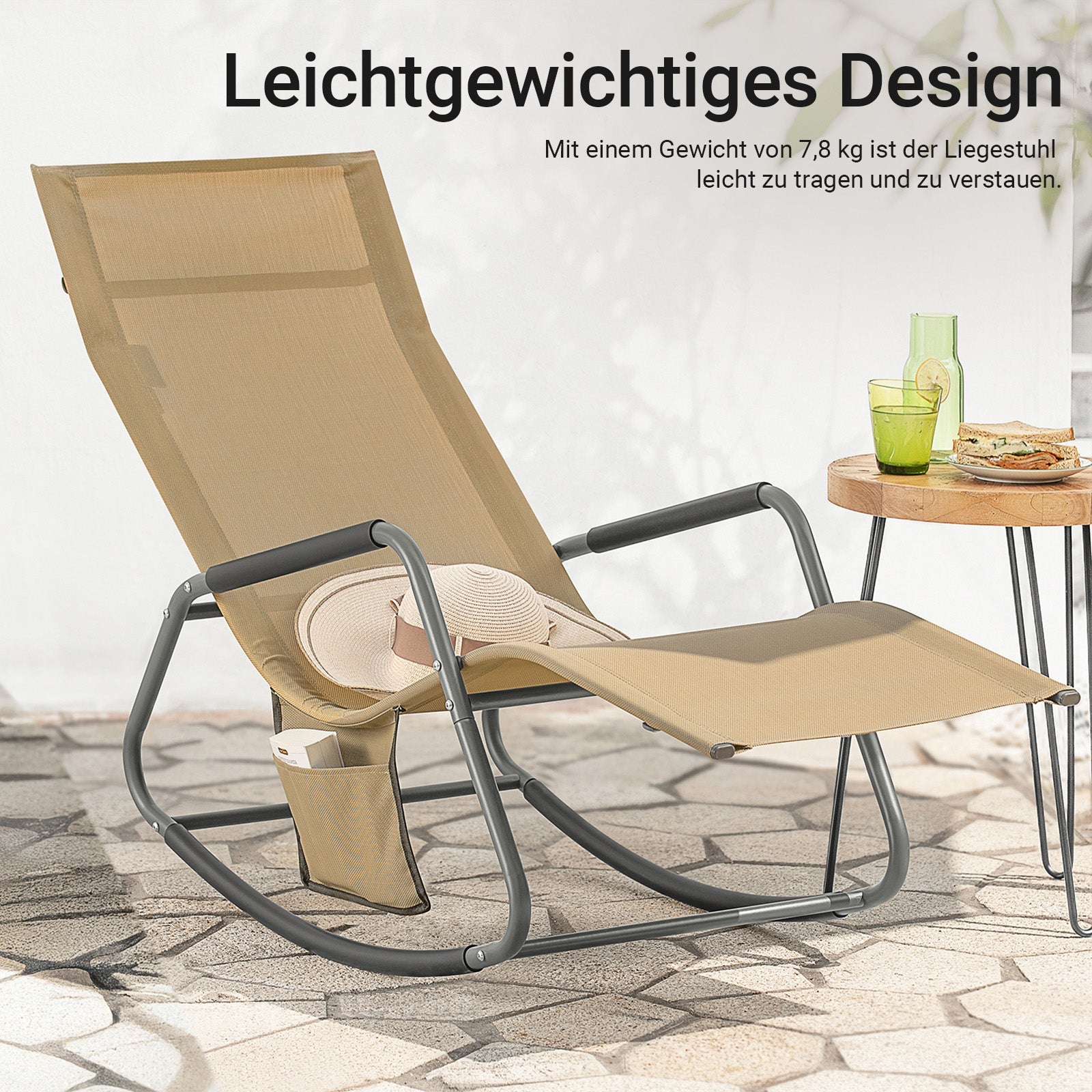SoBuy | Sedia a dondolo relax | Sedia a sdraio con tasca laterale | Sedia da giardino | Sedia relax | Dondolo reclinabile | Kaki | OGS47-KA