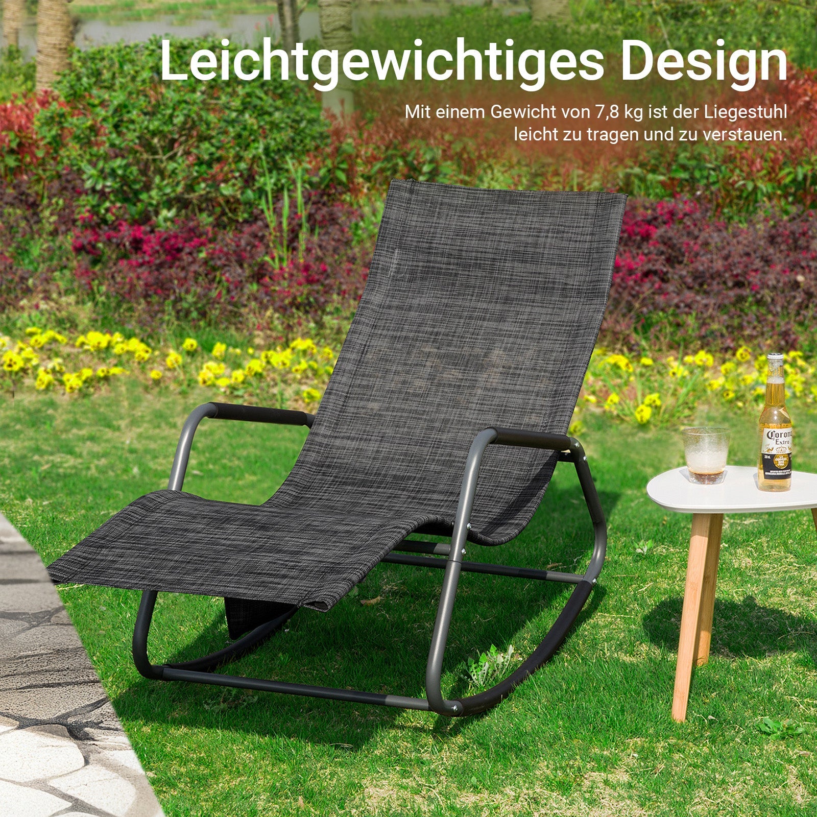 SoBuy | Sedia a dondolo | Lettino prendisole con tasca laterale | Lettino da giardino | Sedia relax | Dondolo reclinabile | Nero/Grigio | OGS47-MS