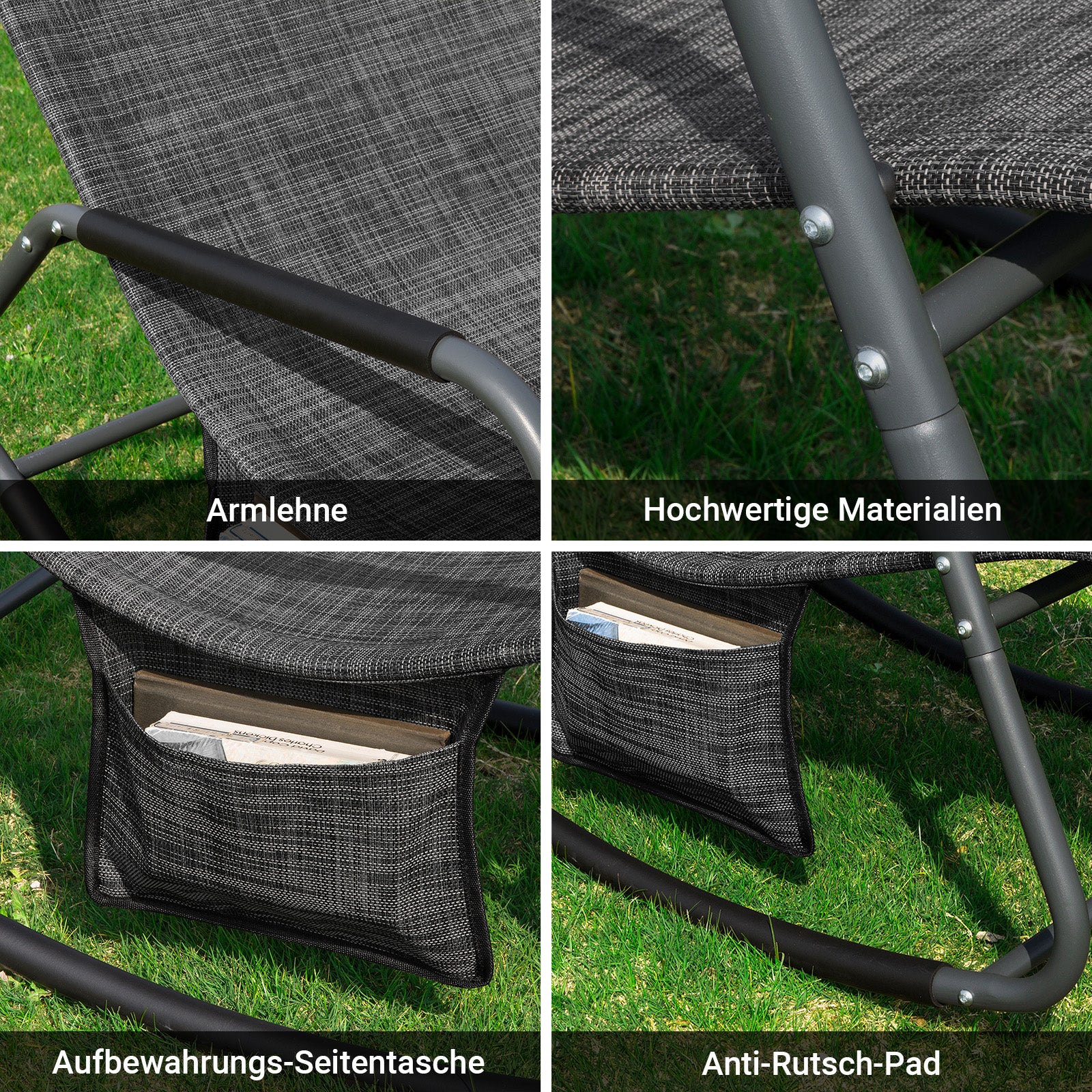 SoBuy | Schaukelliege | Sonnenliege mit Seitentasche | Gartenliege | Relaxstuhl | Schwungliege | Schwarz/Grau | OGS47-MS