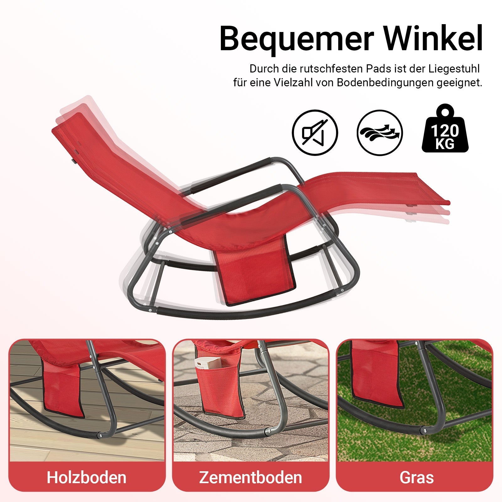 SoBuy | Chaise longue à bascule | Transat avec poche latérale | Bain de soleil de jardin | Fauteuil de relaxation | Chaise longue balancelle | Rouge | OGS47-R