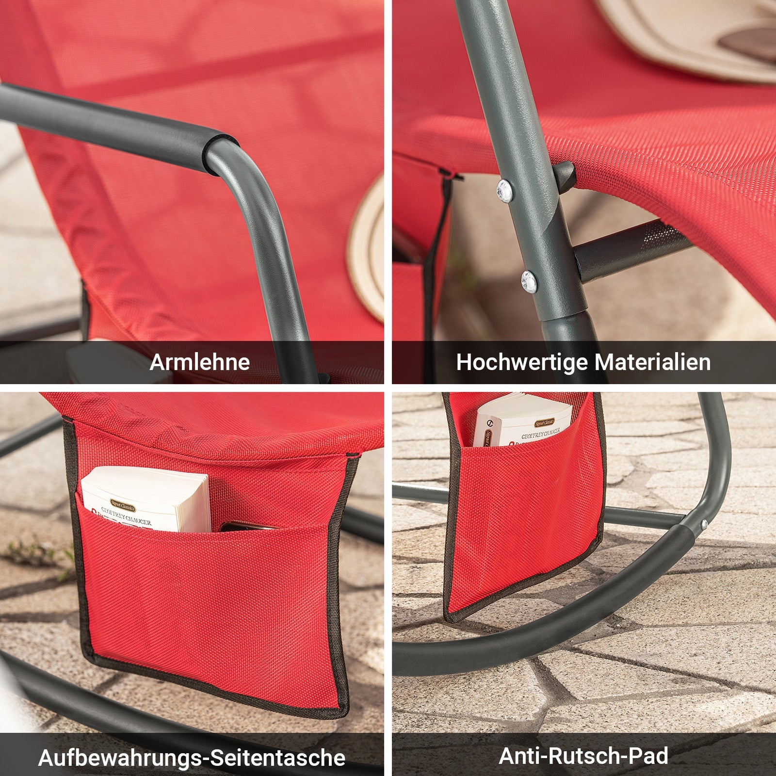 SoBuy | Chaise longue à bascule | Transat avec poche latérale | Bain de soleil de jardin | Fauteuil de relaxation | Chaise longue balancelle | Rouge | OGS47-R