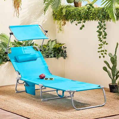 SoBuy | Chaise longue avec pare-soleil | Chaise de relaxation pour jardins, cours, plages | Bleu | OGS48-B
