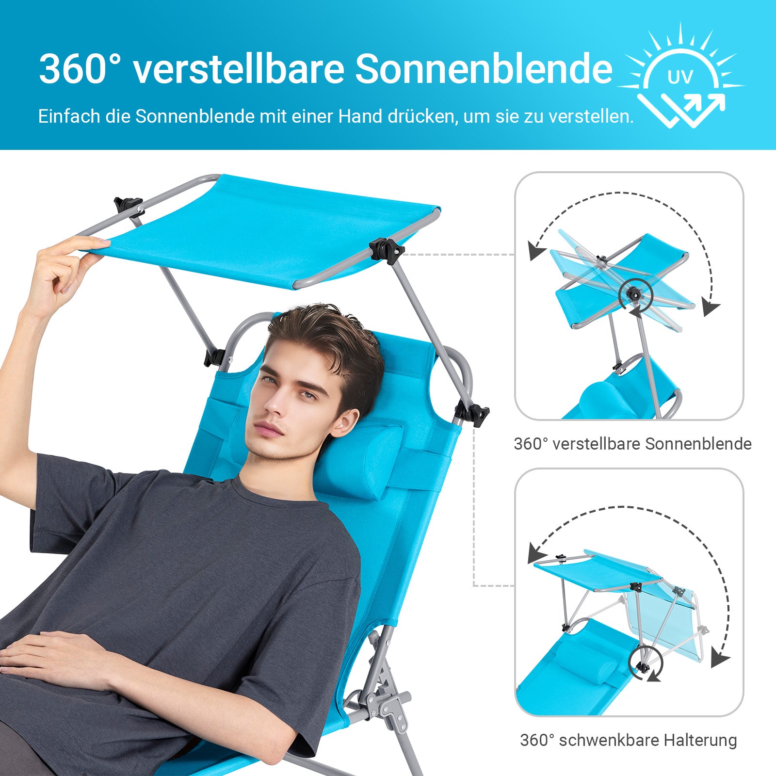 Vorverkauf | SoBuy | 2-er Set Sonnenliege mit Sonnendach | Relaxstuhl für Gärten, Strände | Blau | OGS48-Bx2