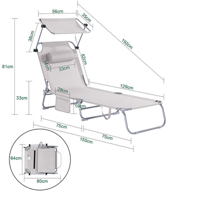 SoBuy | Chaise longue avec pare-soleil | Chaise longue de jardin pliante | Fauteuil relaxant pour jardins, cours et plages | Beige | OGS48-MI