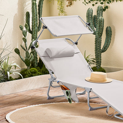 SoBuy | Chaise longue avec pare-soleil | Chaise longue de jardin pliante | Fauteuil relaxant pour jardins, cours et plages | Beige | OGS48-MI