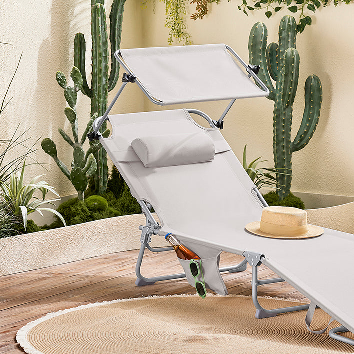SoBuy | Sonnenliege mit Sonnendach  | Relaxstuhl für Gärten, Höfe, Strände | Beige | OGS48-MI