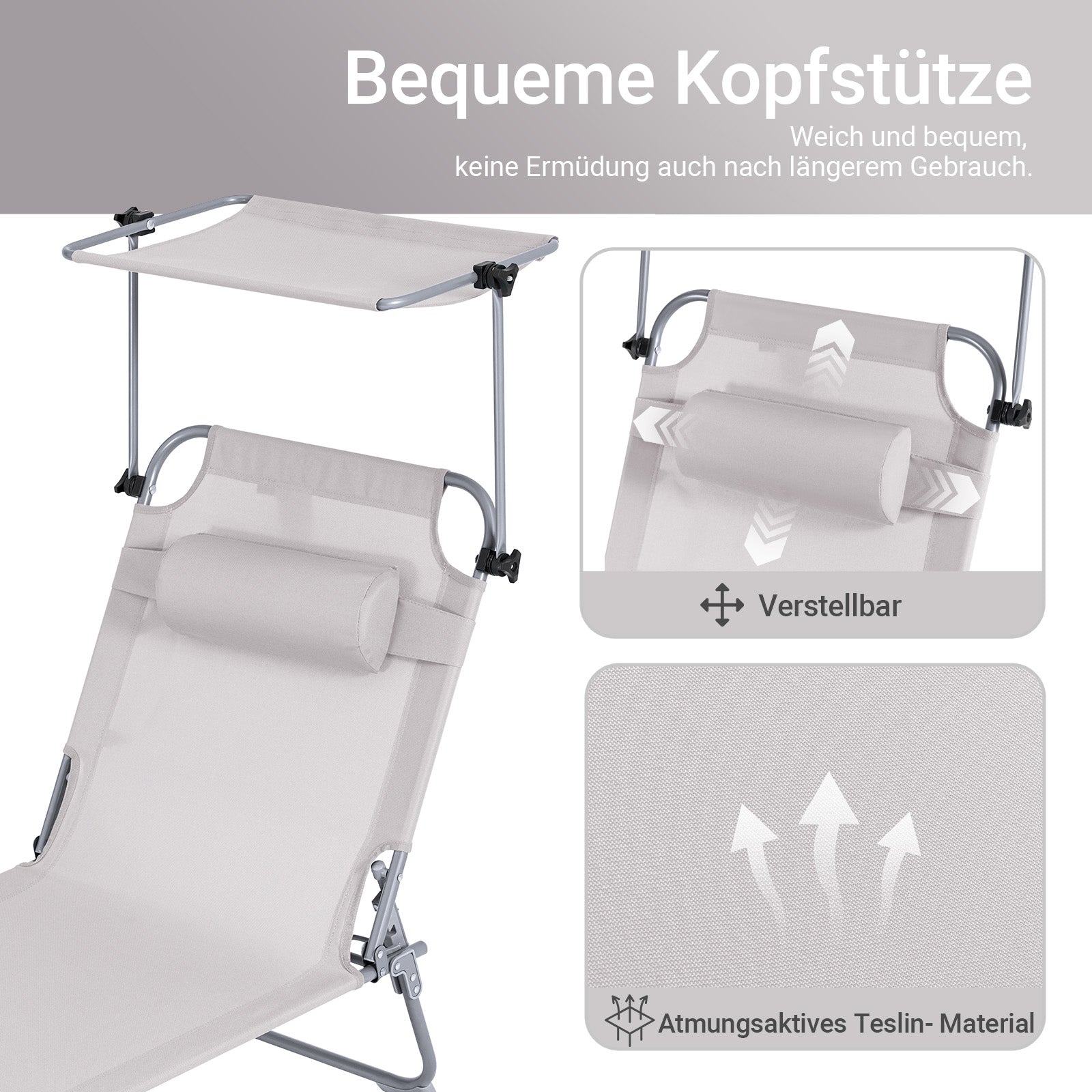 SoBuy | Sonnenliege mit Sonnendach  | Relaxstuhl für Gärten, Höfe, Strände | Beige | OGS48-MI
