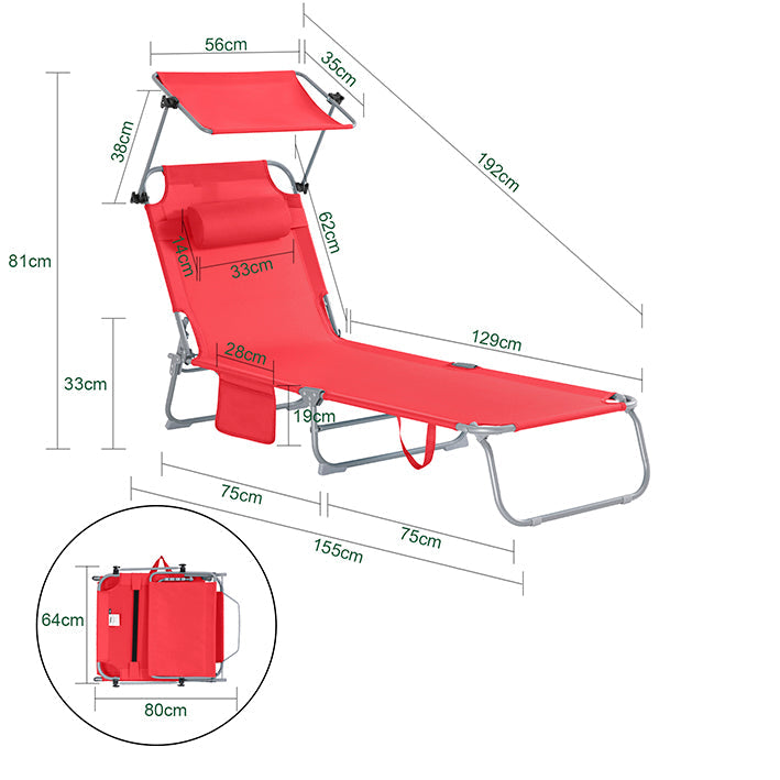 SoBuy | Lettino prendisole con tettuccio parasole | Sedia a sdraio per giardini, cortili, spiagge | Rosso | OGS48-R