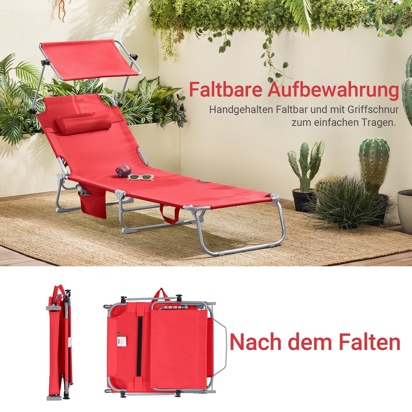 SoBuy | Lettino prendisole con tettuccio parasole | Sedia a sdraio per giardini, cortili, spiagge | Rosso | OGS48-R