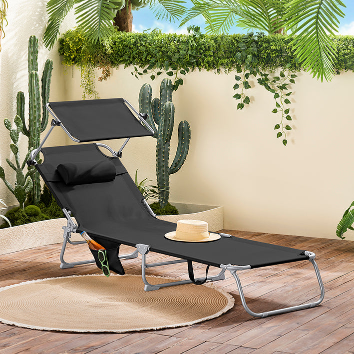 SoBuy | Sdraio con tettuccio parasole | Sedia a sdraio per giardini, cortili, spiagge | Nero | OGS48-SCH