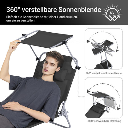 Vorverkauf | SoBuy | Sonnenliege mit Sonnendach | Relaxstuhl für Gärten, Höfe, Strände | Schwarz | OGS48-SCH