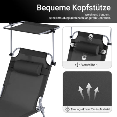 SoBuy | Sonnenliege mit Sonnendach | Relaxstuhl für Gärten, Höfe, Strände | Schwarz | OGS48-SCH