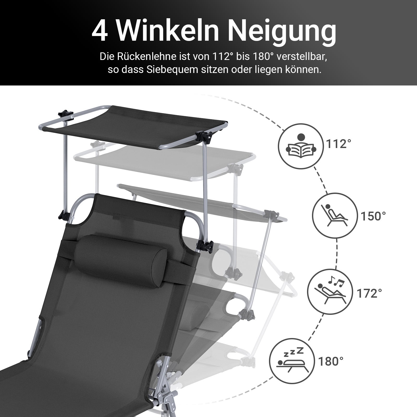 SoBuy | Sonnenliege mit Sonnendach | Relaxstuhl für Gärten, Höfe, Strände | Schwarz | OGS48-SCH