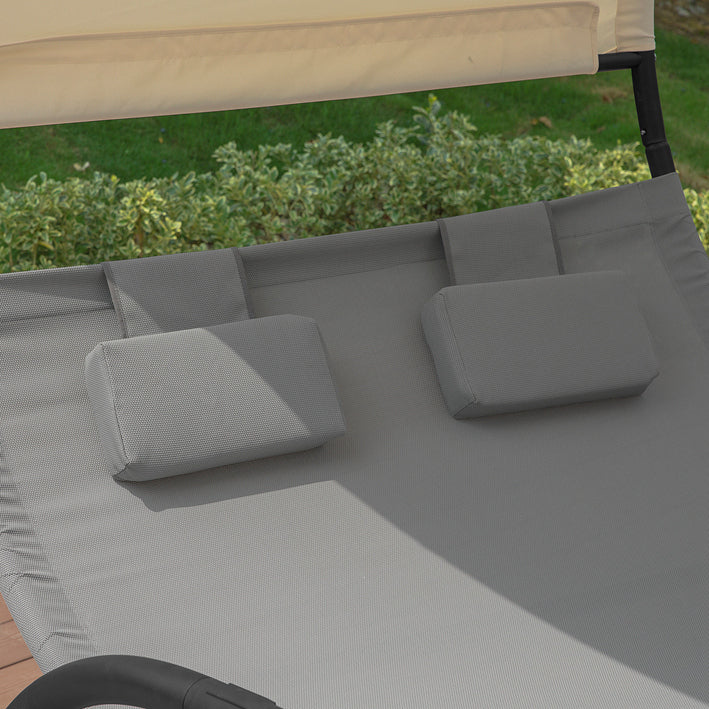 SoBuy | Bain de soleil double | Chaise longue à roulettes | Lit de jardin avec pare-soleil | OGS50-HG
