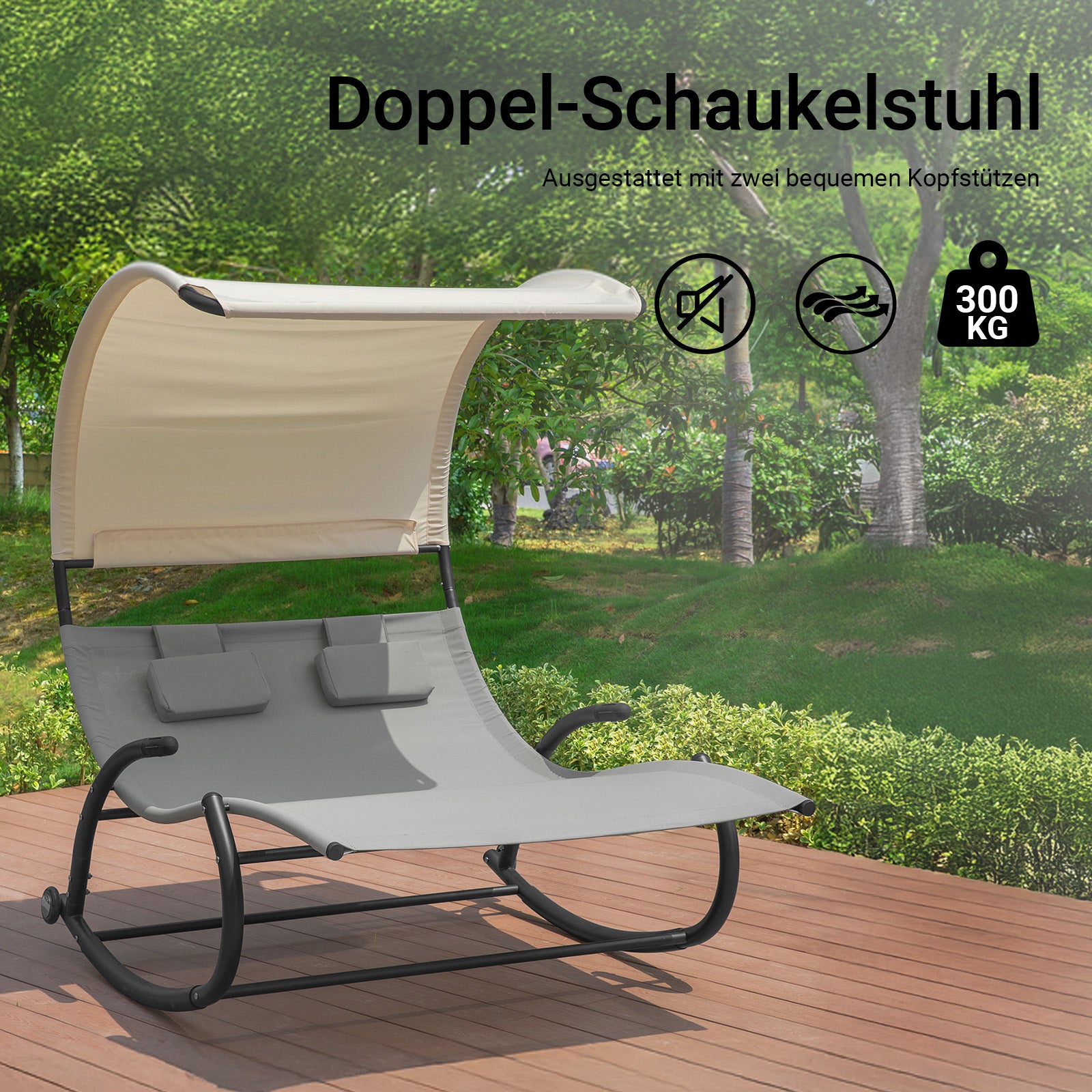 SoBuy | Schaukelliege für 2 Personen | Sonnenliege mit Rollen | Gartenbett mit Sonnendach | OGS50-HG